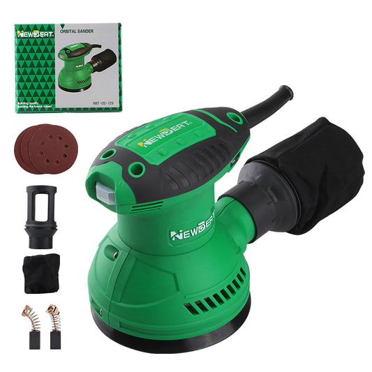 NEWBEAT Random Orbit Sander with Dust Bag, 320W Electric Sander, 12000 OPM, Anti-Vibration, Rubberized Handle, Ideal for Wood, Metal, and Finish Work
