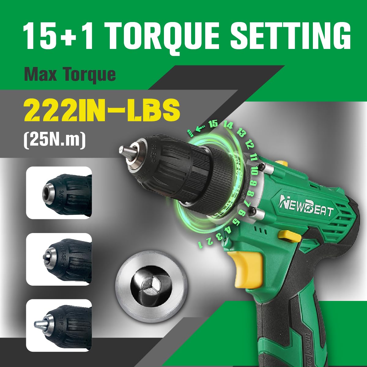 NEWBEAT Cordless Drill Set, 12V Power Drill Driver with 2 Batteries and Charger, 3/8" Keyless Chuck, 2 Variable Speed, 15+1 Torque Setting Electric Drill, Power Tools Kit for Home and DIY Project