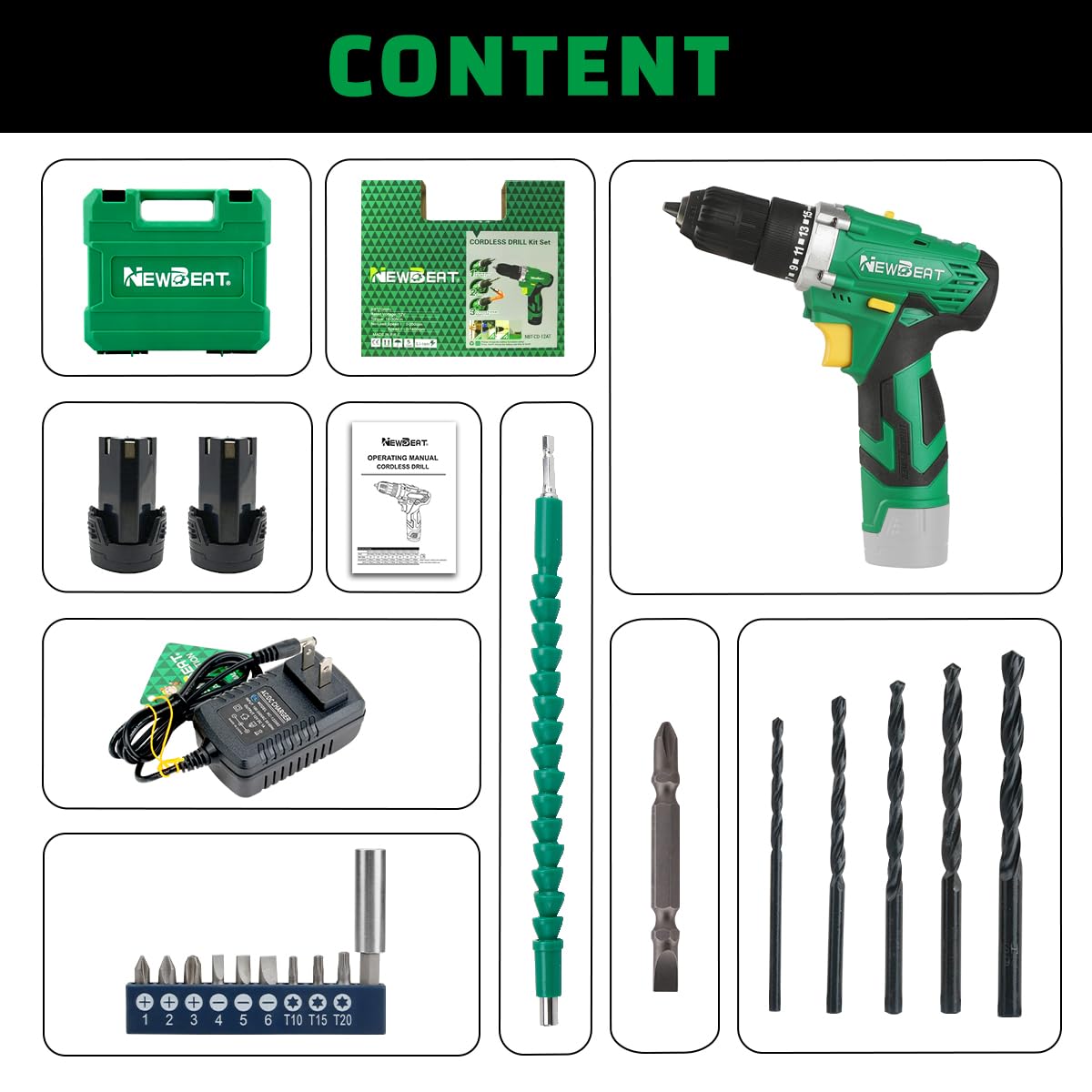 NEWBEAT Cordless Drill Set, 12V Power Drill Driver with 2 Batteries and Charger, 3/8" Keyless Chuck, 2 Variable Speed, 15+1 Torque Setting Electric Drill, Power Tools Kit for Home and DIY Project