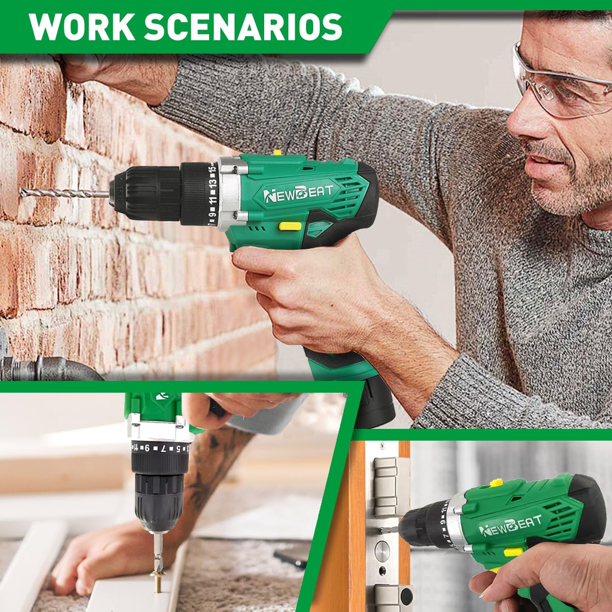 NEWBEAT Cordless Drill Set, 12V Power Drill Driver with 2 Batteries and Charger, 3/8" Keyless Chuck, 2 Variable Speed, 15+1 Torque Setting Electric Drill, Power Tools Kit for Home and DIY Project
